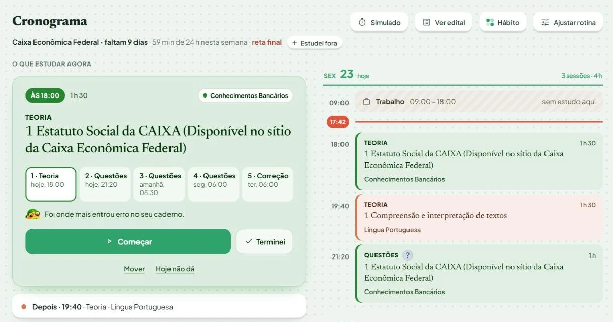 O cronograma do Maano para o concurso da Caixa: o que estudar agora, as etapas do tópico e as sessões do dia, com teoria e questões.