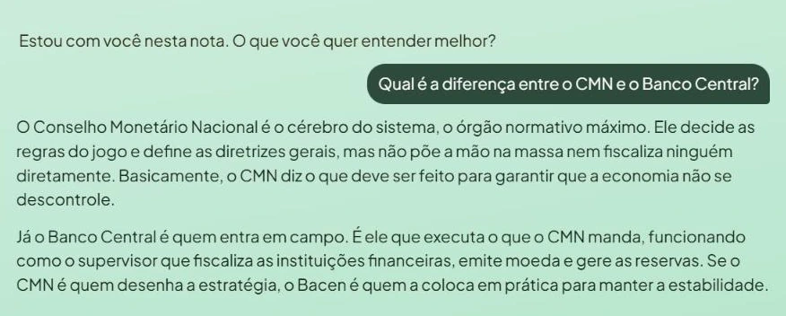 O chat do Maano a responder qual é a diferença entre o Conselho Monetário Nacional e o Banco Central, a partir da anotação.