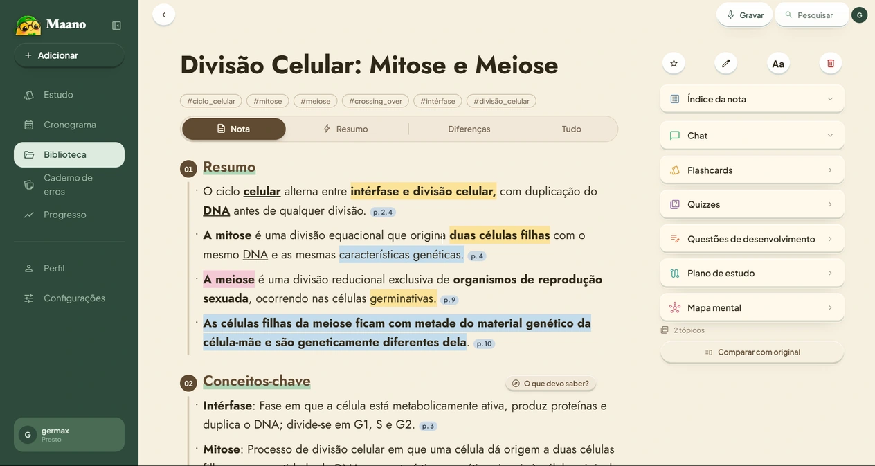 O Maano no computador: uma anotação pronta sobre divisão celular, com trechos realçados e os atalhos para flashcards, quizzes e mapa mental.