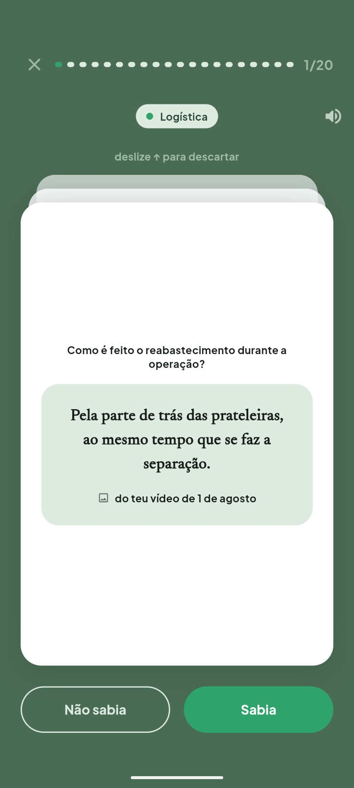 O Maano no celular: o mesmo flashcard com a resposta e os botões Não sabia e Sabia.