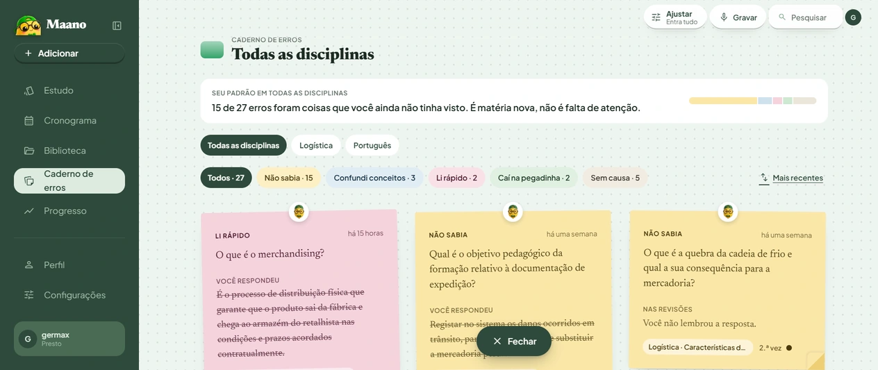 O Maano no computador: o caderno de erros de todas as disciplinas, com um cartão por erro e o motivo de cada um.